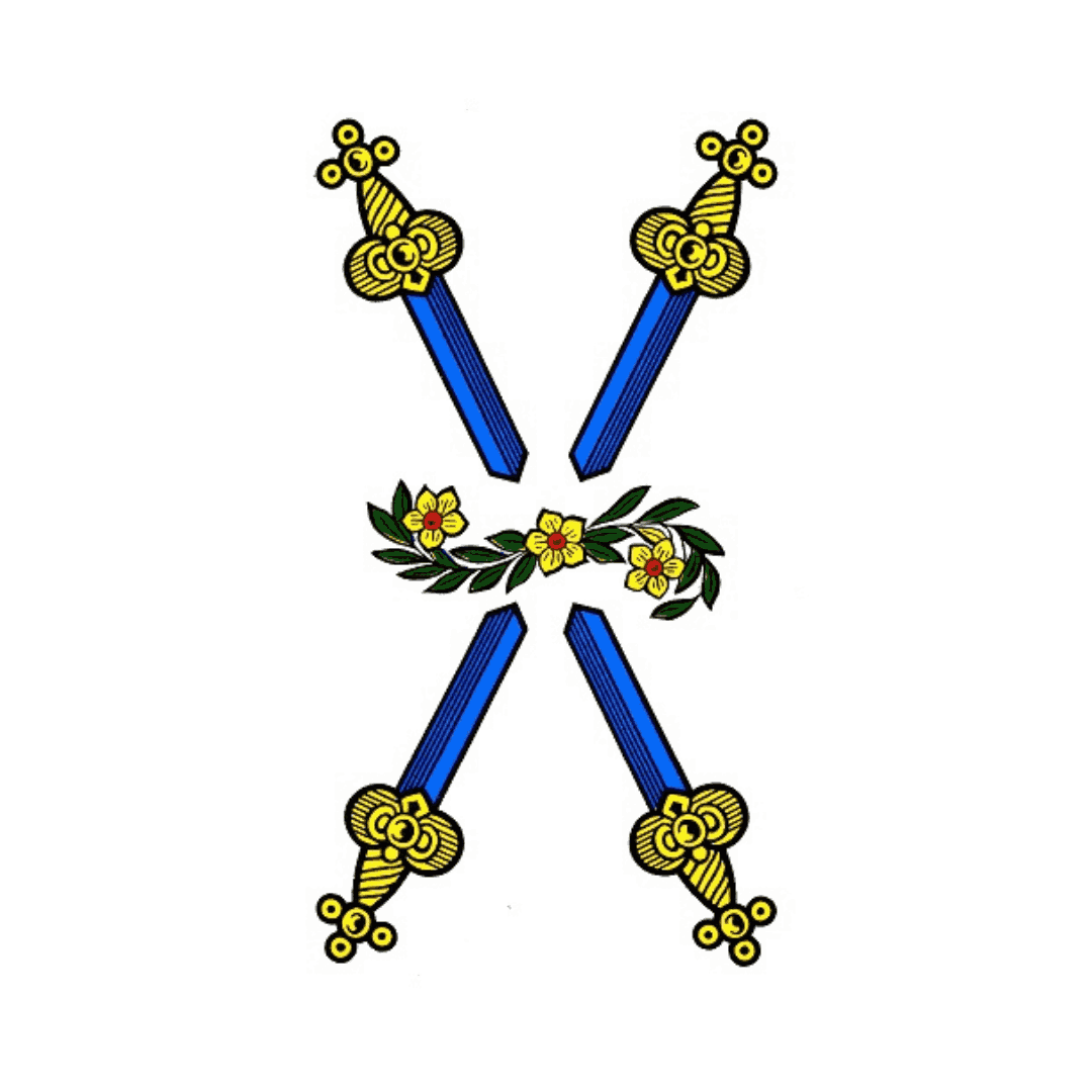 Carta siciliana che rappresenta il quattro di spade, ovvero, la posizione che si tiene a letto quando si è single: braccia e gambe aperte!